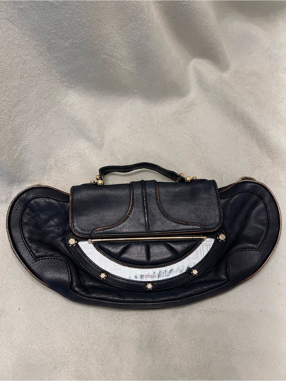 Fendi Vintage Zucca Vanity Mirror Clutch Black Leather
